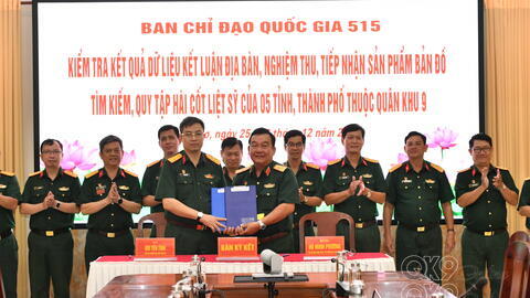 Ban chỉ đạo Quốc gia 515: Nghiệm thu dữ liệu kết luận địa bàn, sản phẩm bản đồ tìm kiếm, quy tập hài cốt liệt sĩ địa bàn Quân khu 9